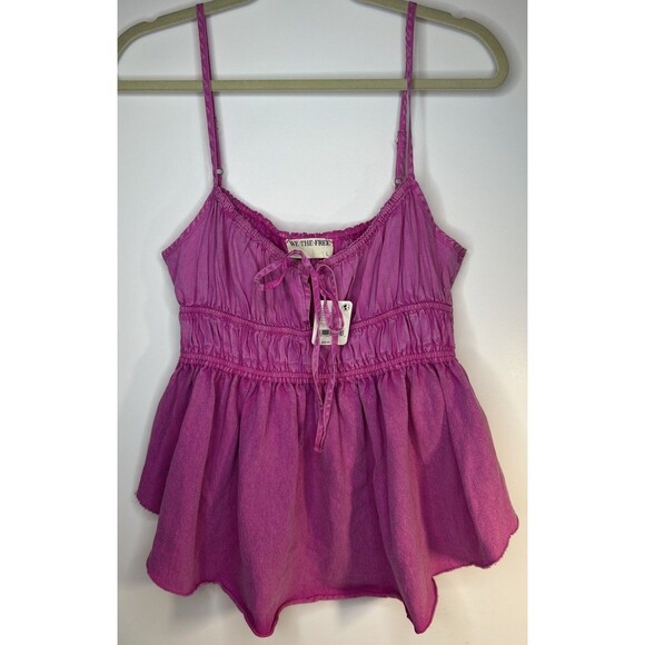 Free People island flower Pink Ruched Cotton Tank Babydoll Size L NWT - Picture 1 of 6